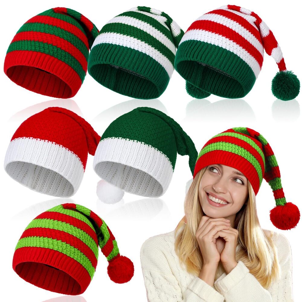 4807 6 Pcs Christmas Knitted Elf Hats Bulk Crochet Santa Hats Adults